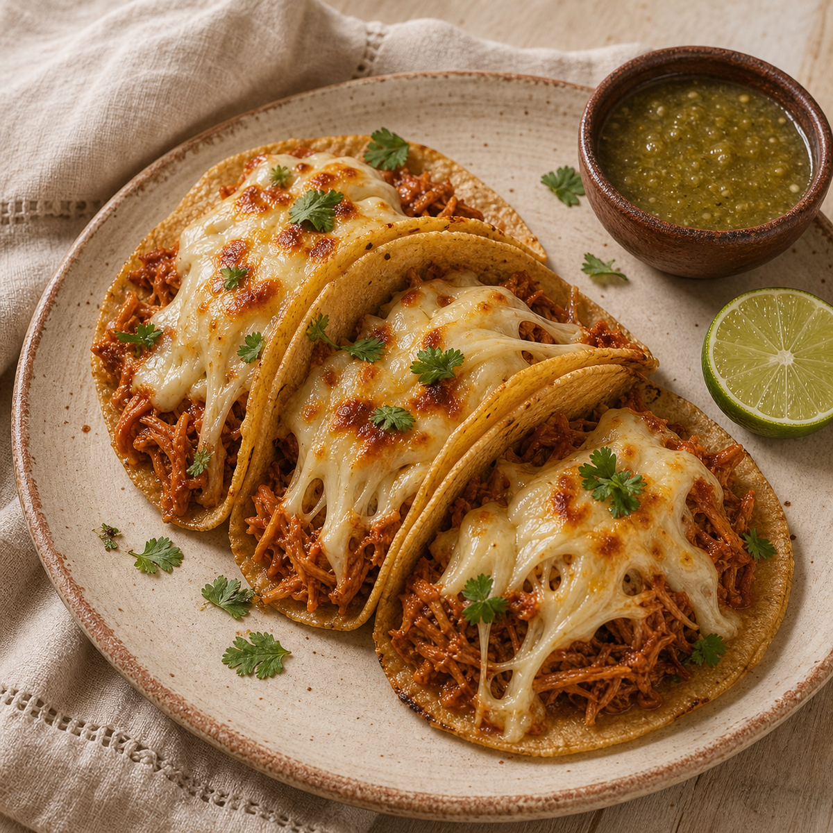Tacos con queso Oaxaca fundido